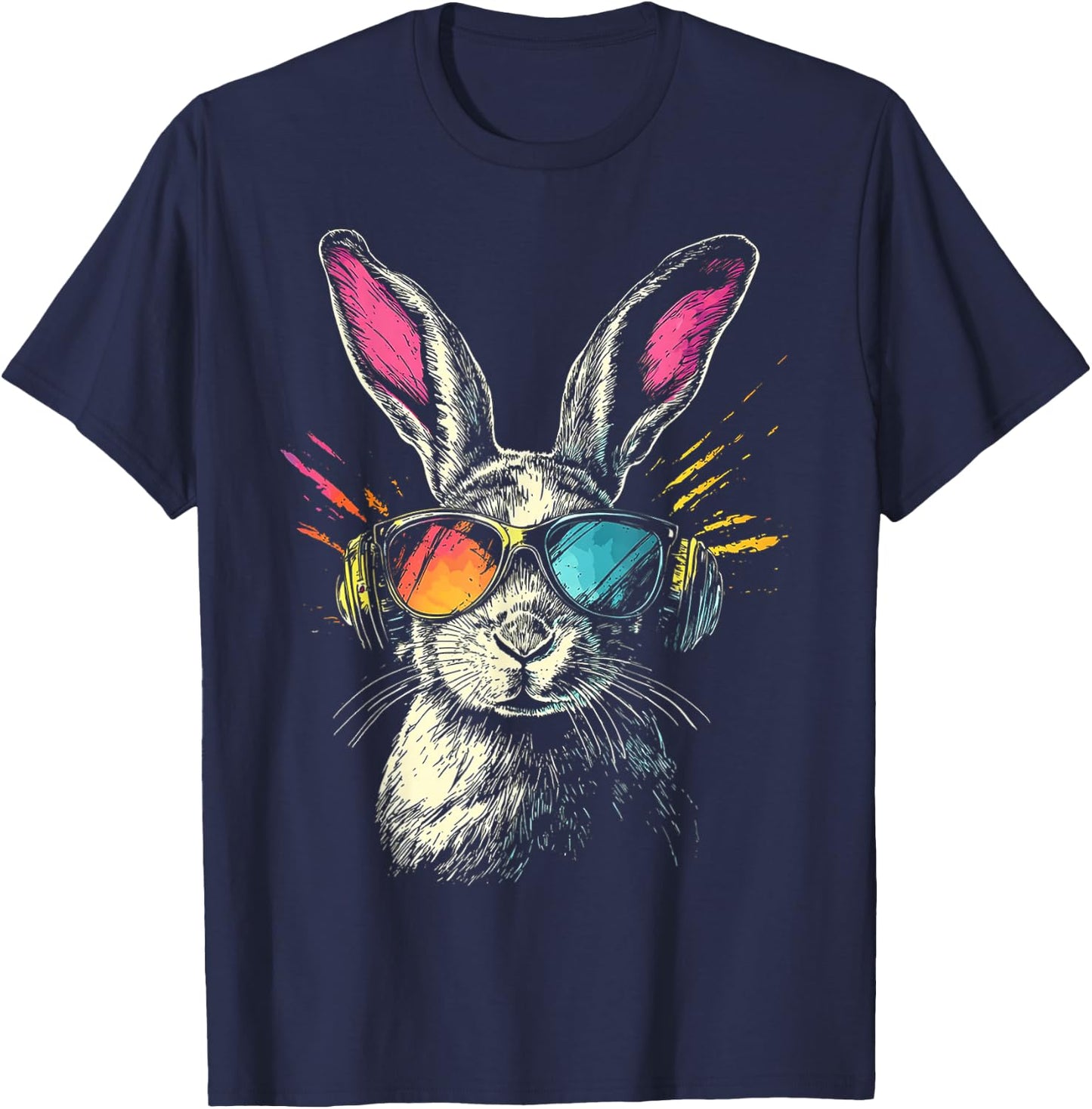 Rabbit Animal Motif Music Headphones Sunglasses Rabbit , black T-Shirt - T-Shirt | Navy