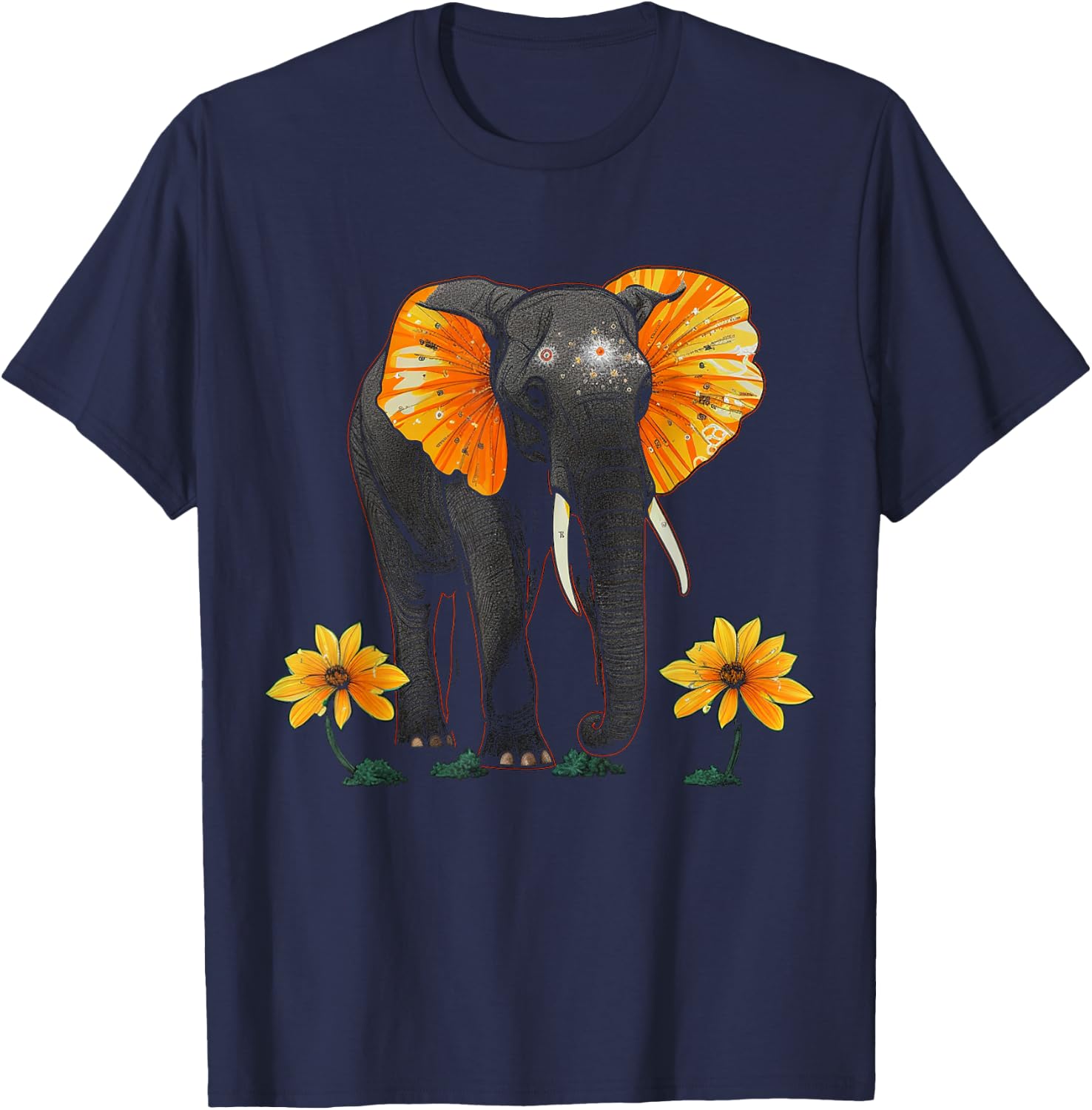 Elephant Animal Africa Art Flowers Elephant T-Shirt - T-Shirt | Navy