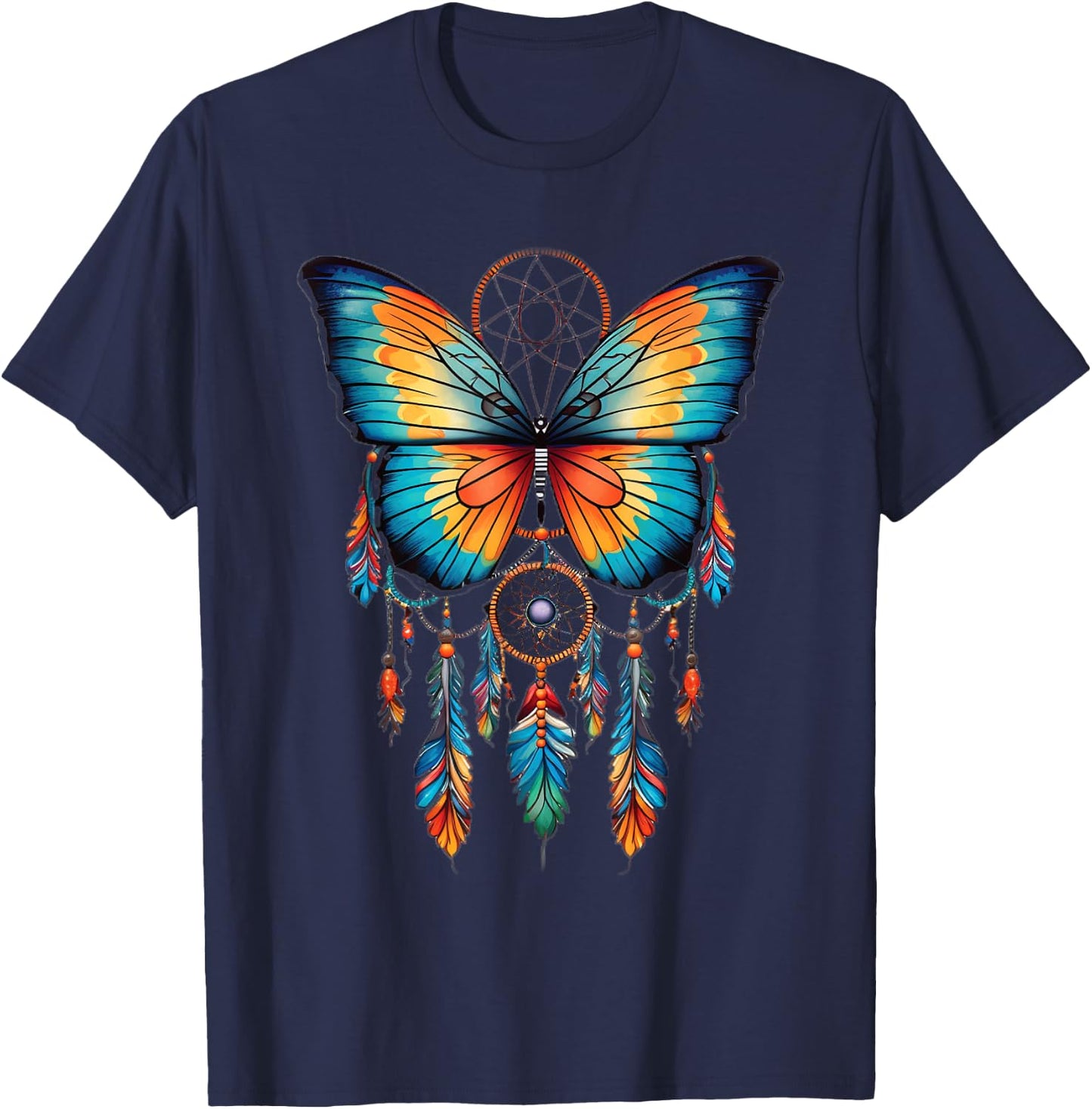 Feather And Butterfly Dream Catcher Designed T-Shirt - T-Shirt | Navy