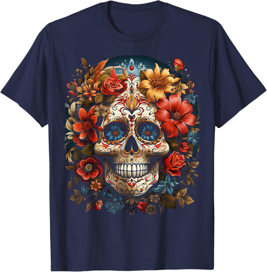 Day of The Dead Skull Schädel mit Blumen mexikanisches T-Shirt - T-Shirt | Navy