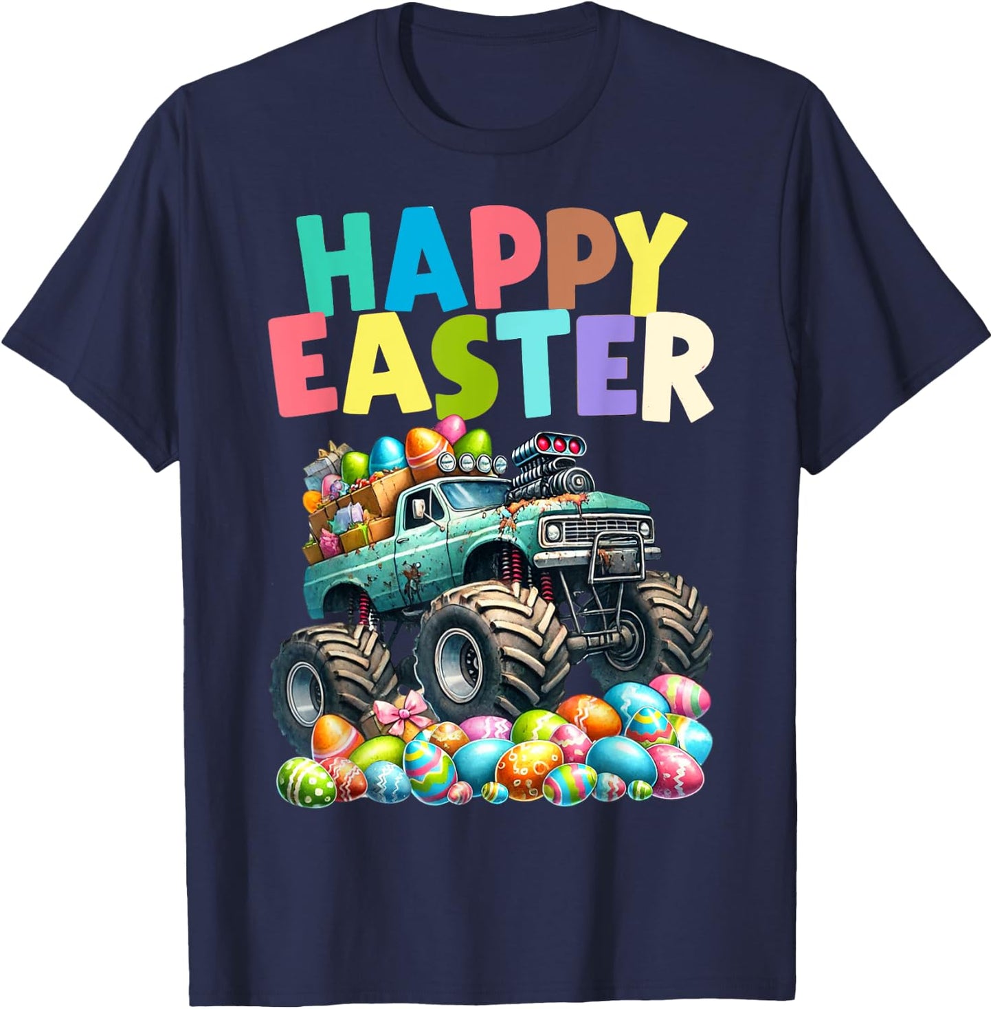 Boys Happy Easter Monster Truck Easter Eggs Hunt Toddler Kid T-Shirt - T-Shirt | Navy