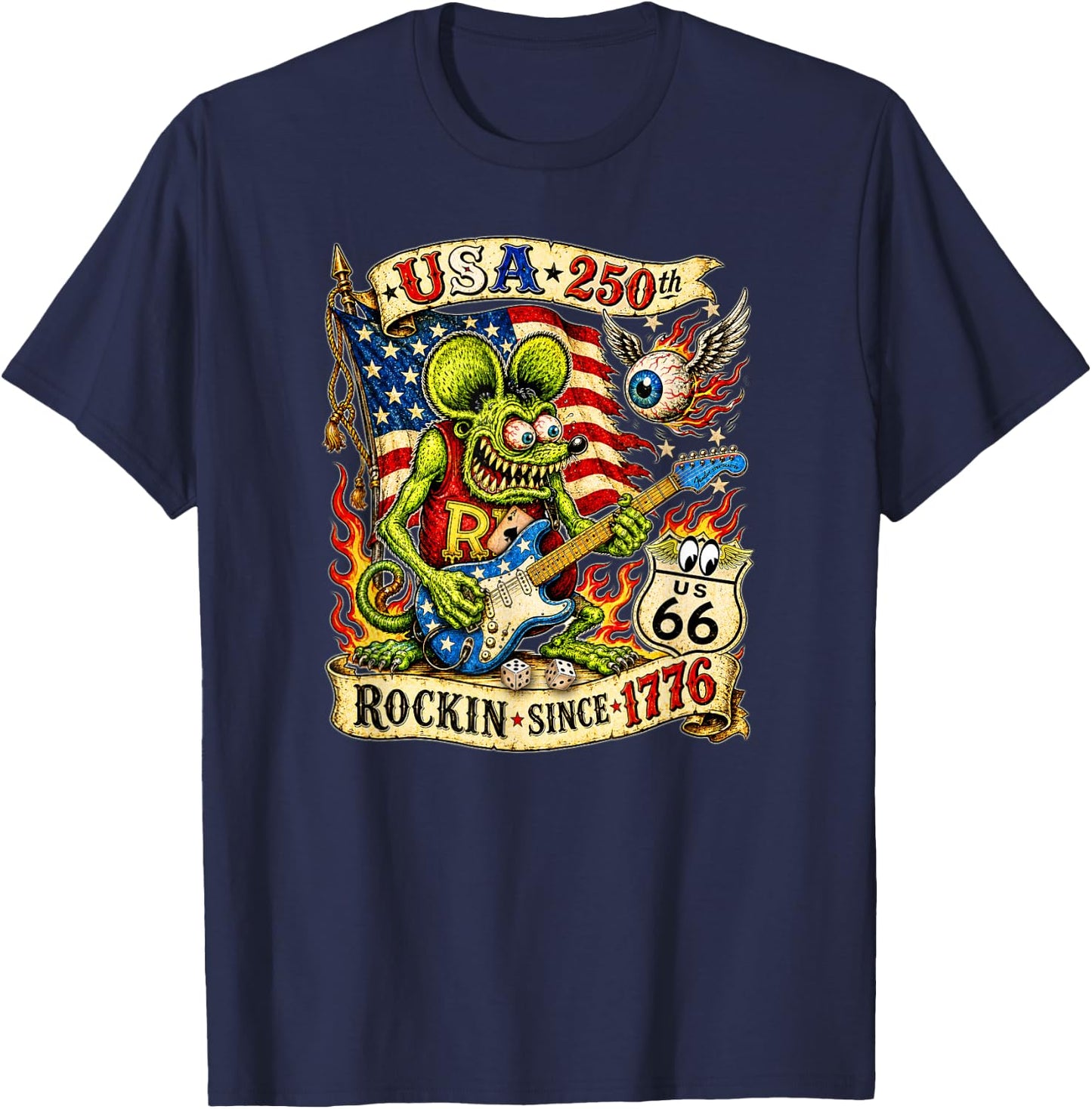 USA 250th Rat Fink US Highway 66 Guitar Flag Dice Ace Retro T-Shirt - T-Shirt | Navy