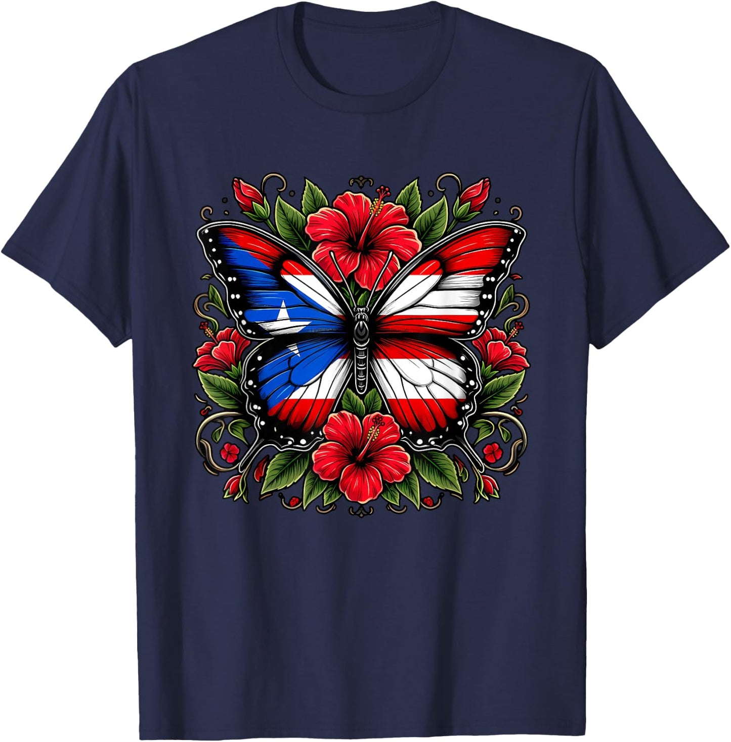 Puerto Rican Day | Puerto Rico Butterfly Flag Women and Girl T-Shirt - T-Shirt | Navy
