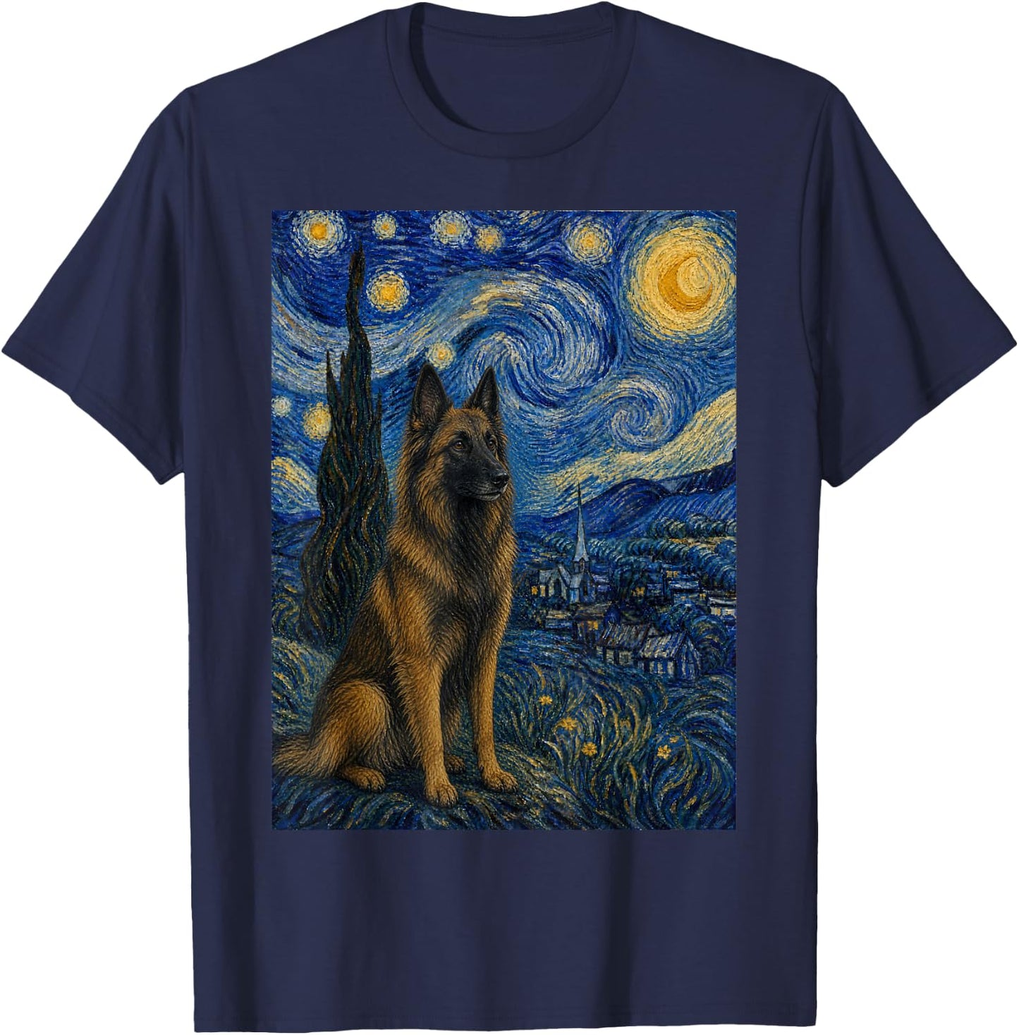 Belgian Tervuren Dog Van Gogh Starry Night T-Shirt - T-Shirt | Navy