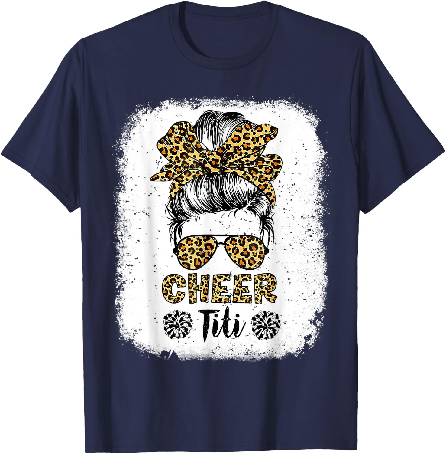 Cheer Titi Leopard Messy Bun Cheerleader Bleached T-Shirt - T-Shirt | Navy