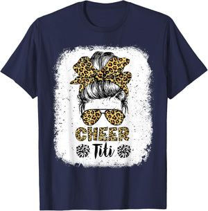 Cheer Titi Leopard Messy Bun Cheerleader Bleached T-Shirt - T-Shirt | Navy