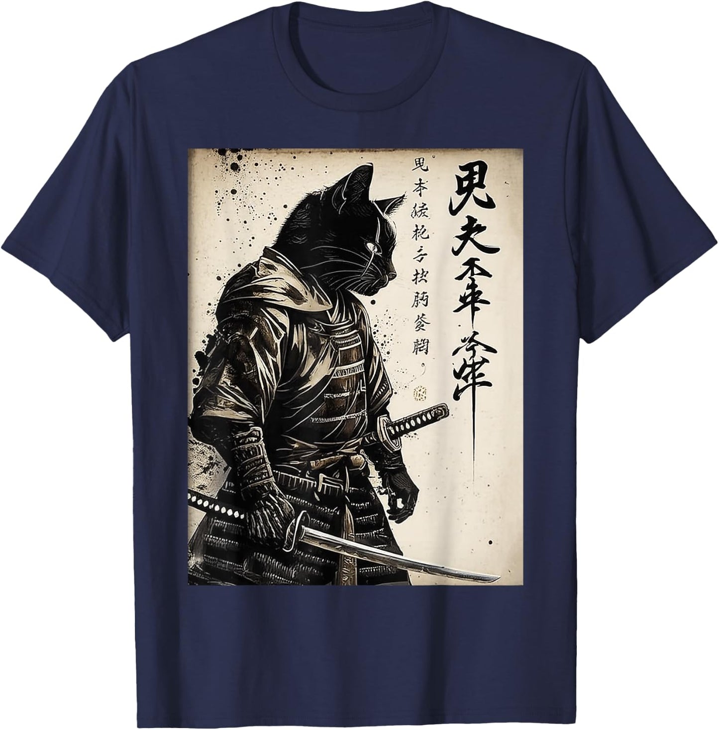 Samurai Cat Warrior Ukiyo-e Ink Artwork Gift Men Women T-Shirt - T-Shirt | Navy