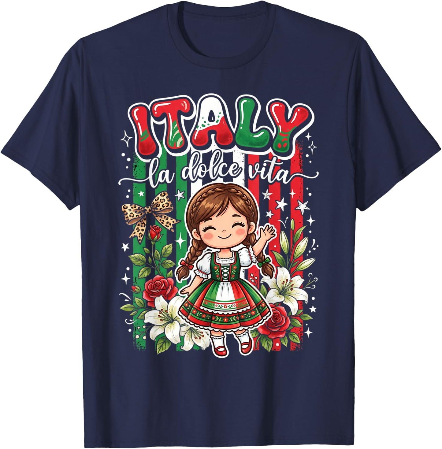 Cute Italy Girl Traditional Dress with Flowers for Kids Girl T-Shirt - T-Shirt | Navy