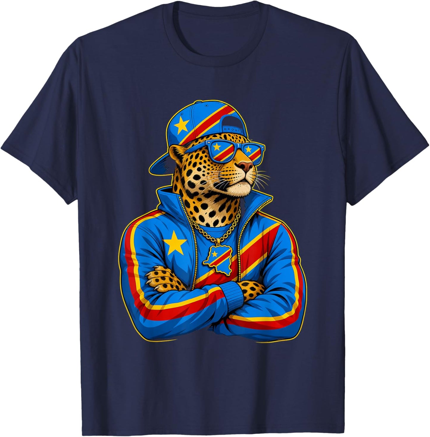 Democratic Republic Congo National Pride Leopard Flag T-Shirt - T-Shirt | Navy