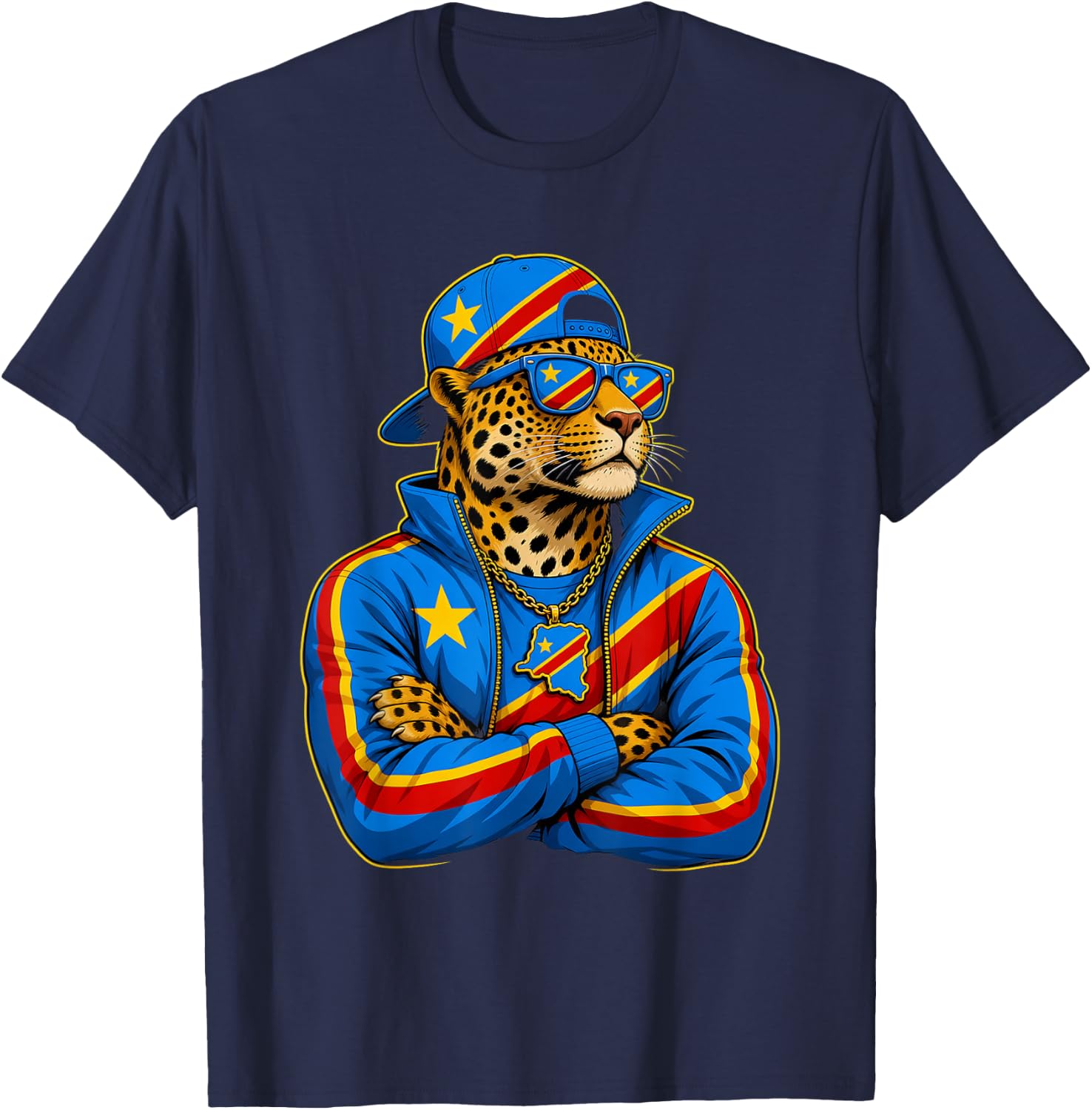 Democratic Republic Congo National Pride Leopard Flag T-Shirt - T-Shirt | Navy