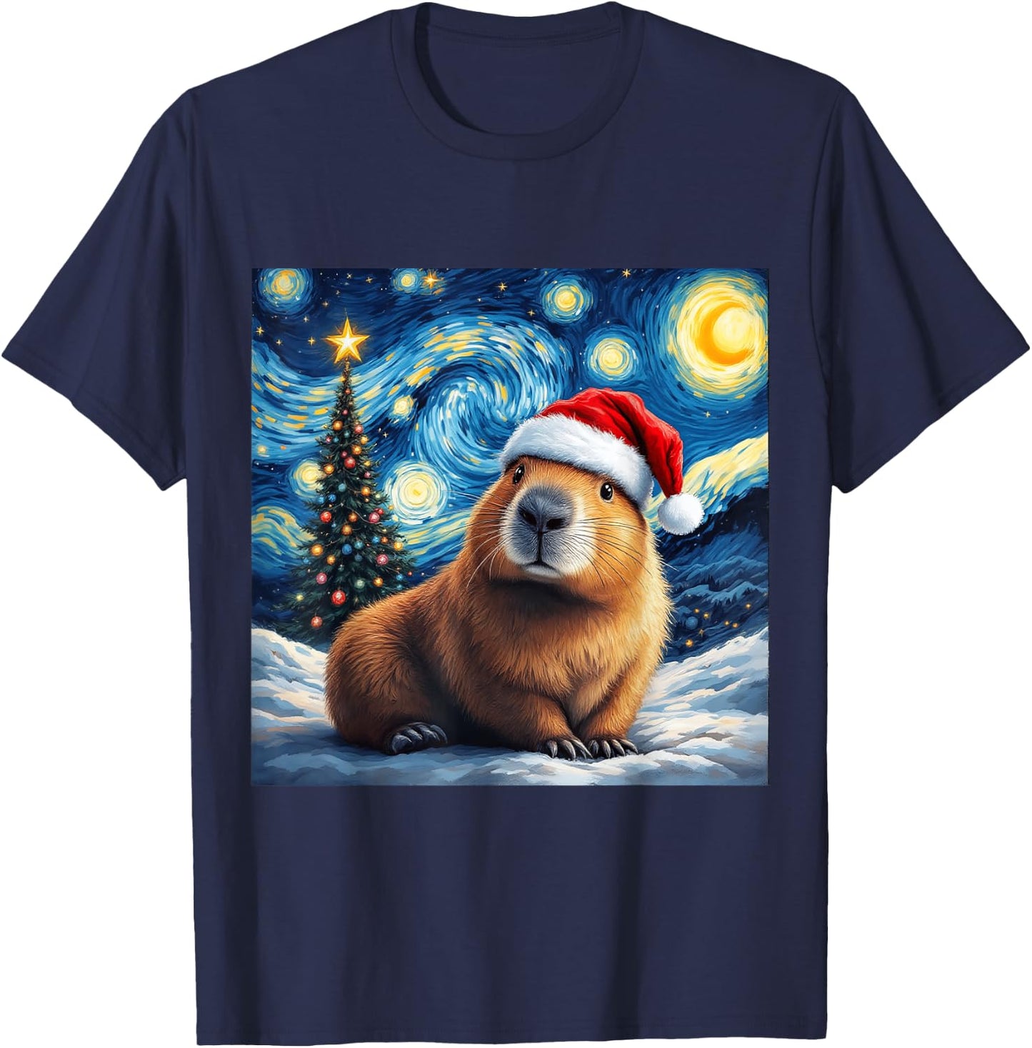 Christmas Capybara Santa Hat Van Gogh Starry Night Holiday T-Shirt - T-Shirt | Navy