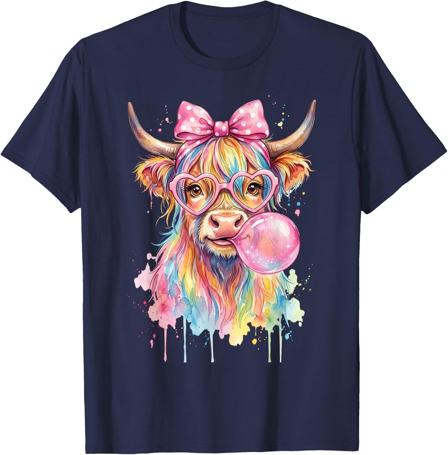 Highland Cow Blowing Bubblegum T-Shirt - T-Shirt | Navy