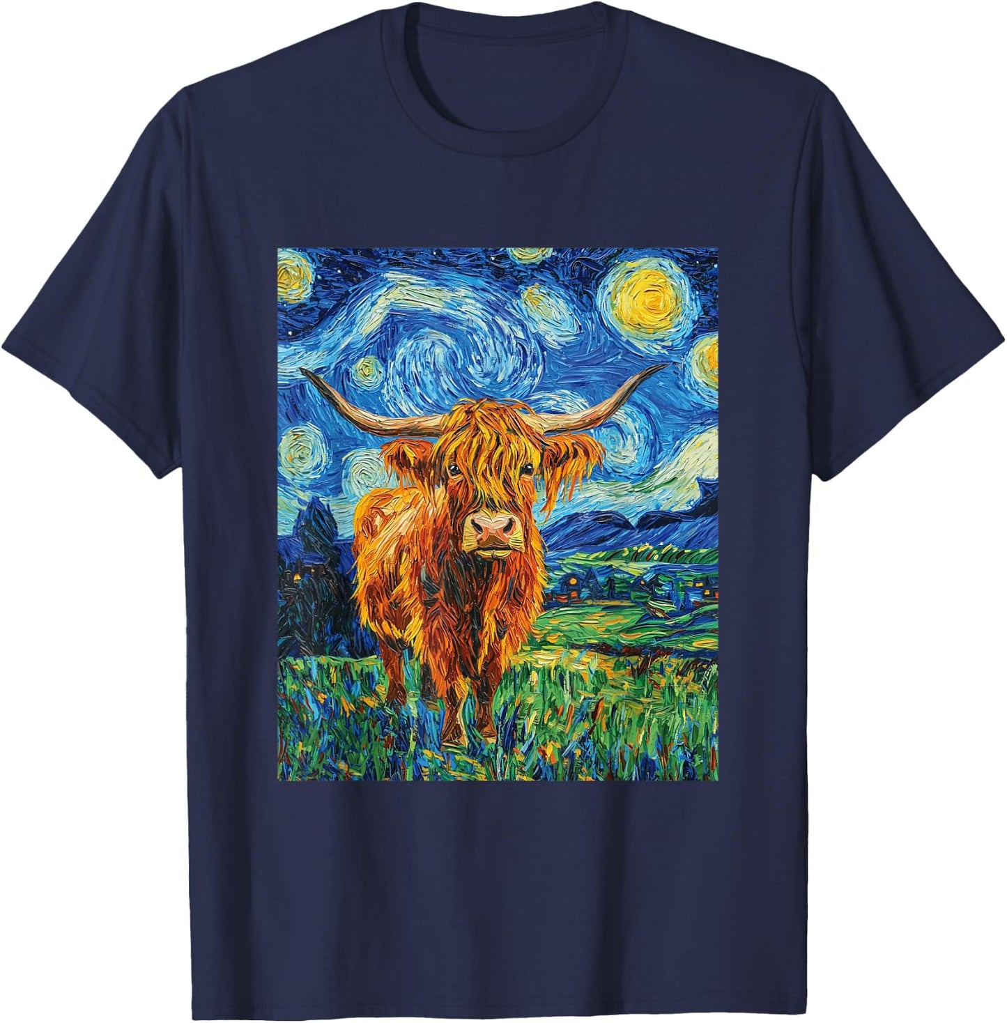 Funny Highland Cow Graphic Van Gogh Style Starry Night T-Shirt - T-Shirt | Navy