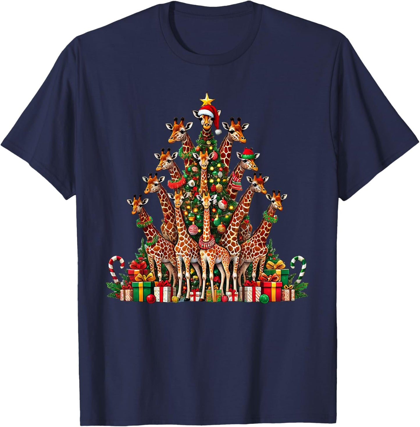 Giraffe Christmas Tree Funny Giraffe Xmas T-Shirt - T-Shirt | Navy