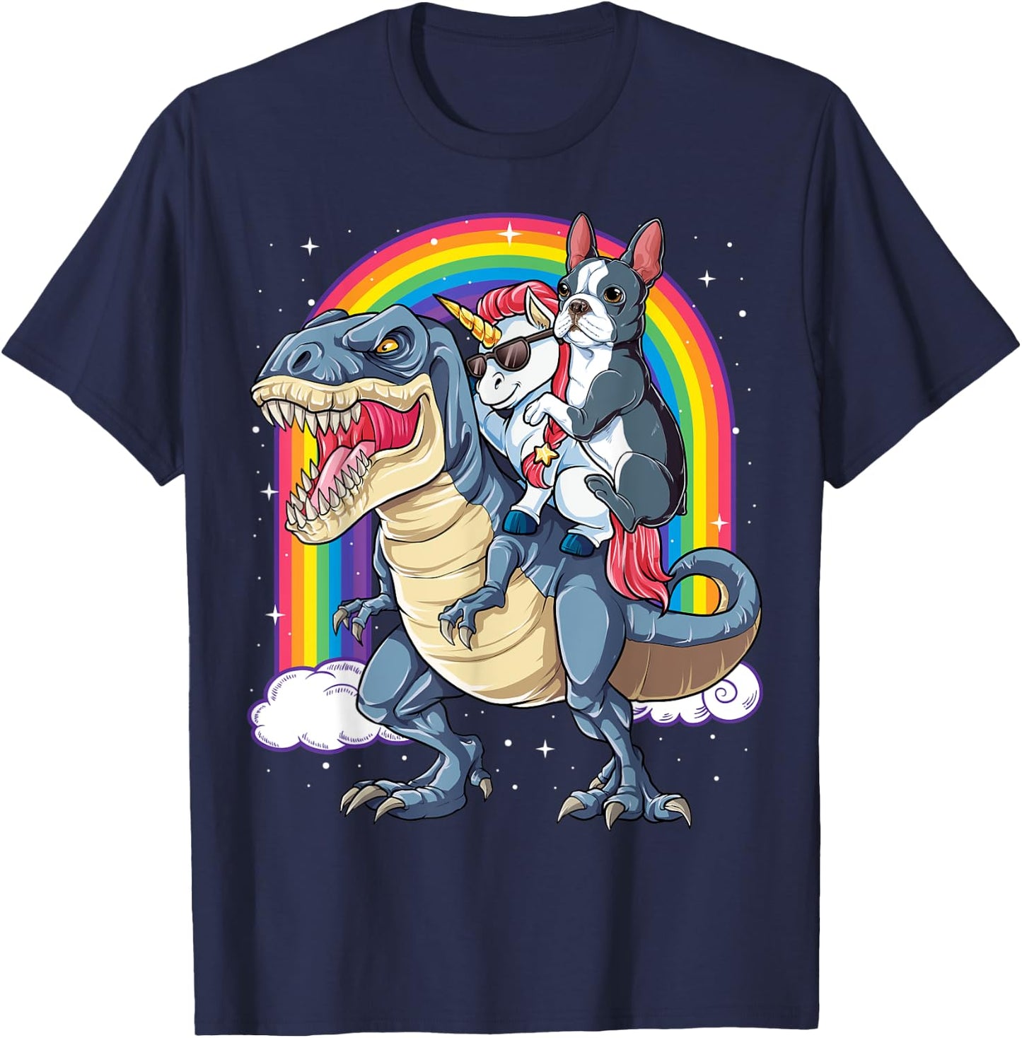 Boston Terrier Unicorn Riding Dinosaur T-rex Gift Boys Girls T-Shirt - T-Shirt | Navy
