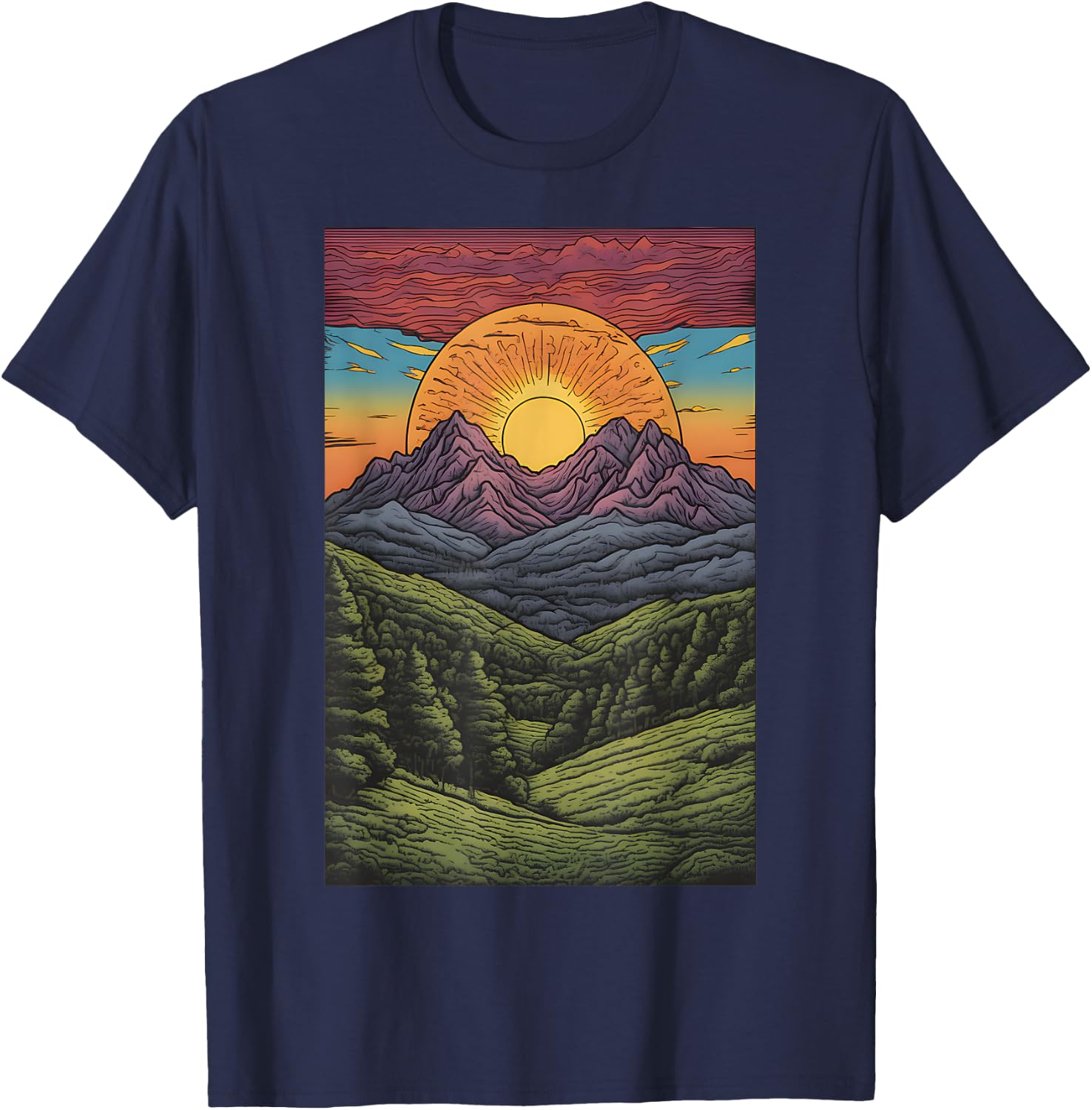 Psychedelic Sunset and Mountains - Outdoors Hiking Graphic T-Shirt - T-Shirt | Navy