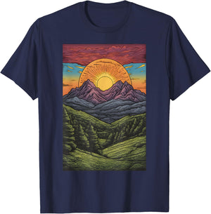 Psychedelic Sunset and Mountains - Outdoors Hiking Graphic T-Shirt - T-Shirt | Navy