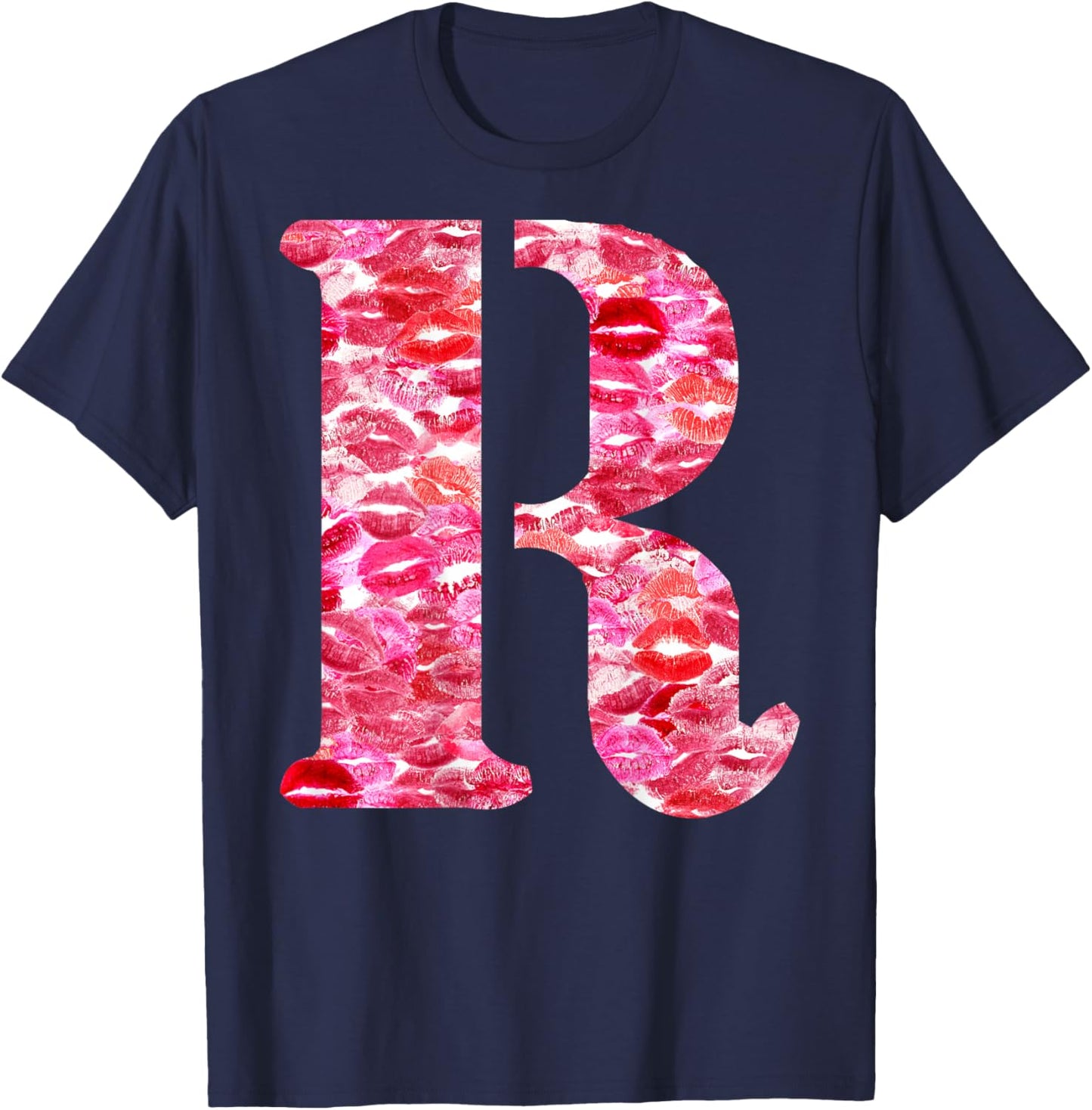 Back Print Only - Lipstick Kisses For Boyfriend Letter R T-Shirt - T-Shirt | Navy
