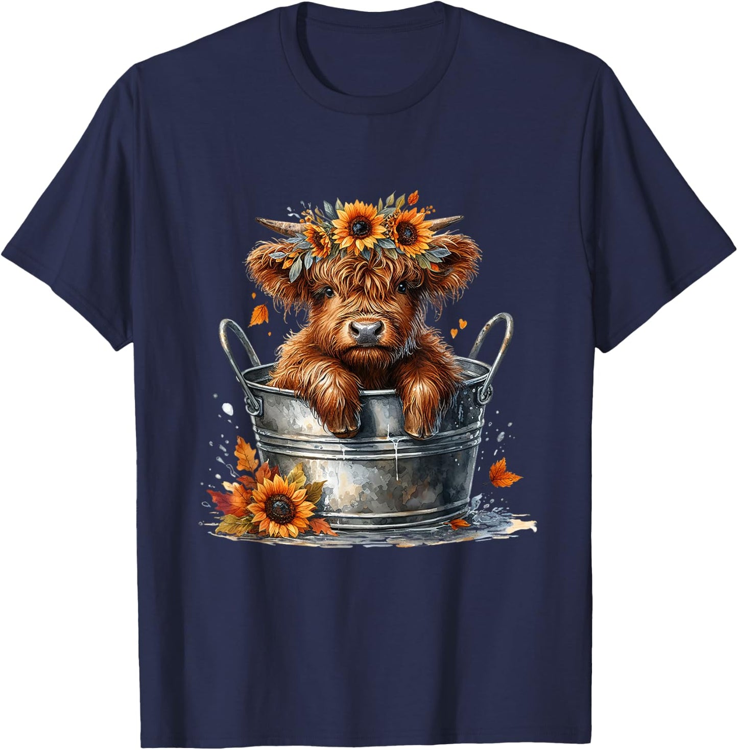 Highland Cow Sunflower It's Fall Y'all Farming Fall Vibes T-Shirt - T-Shirt | Navy