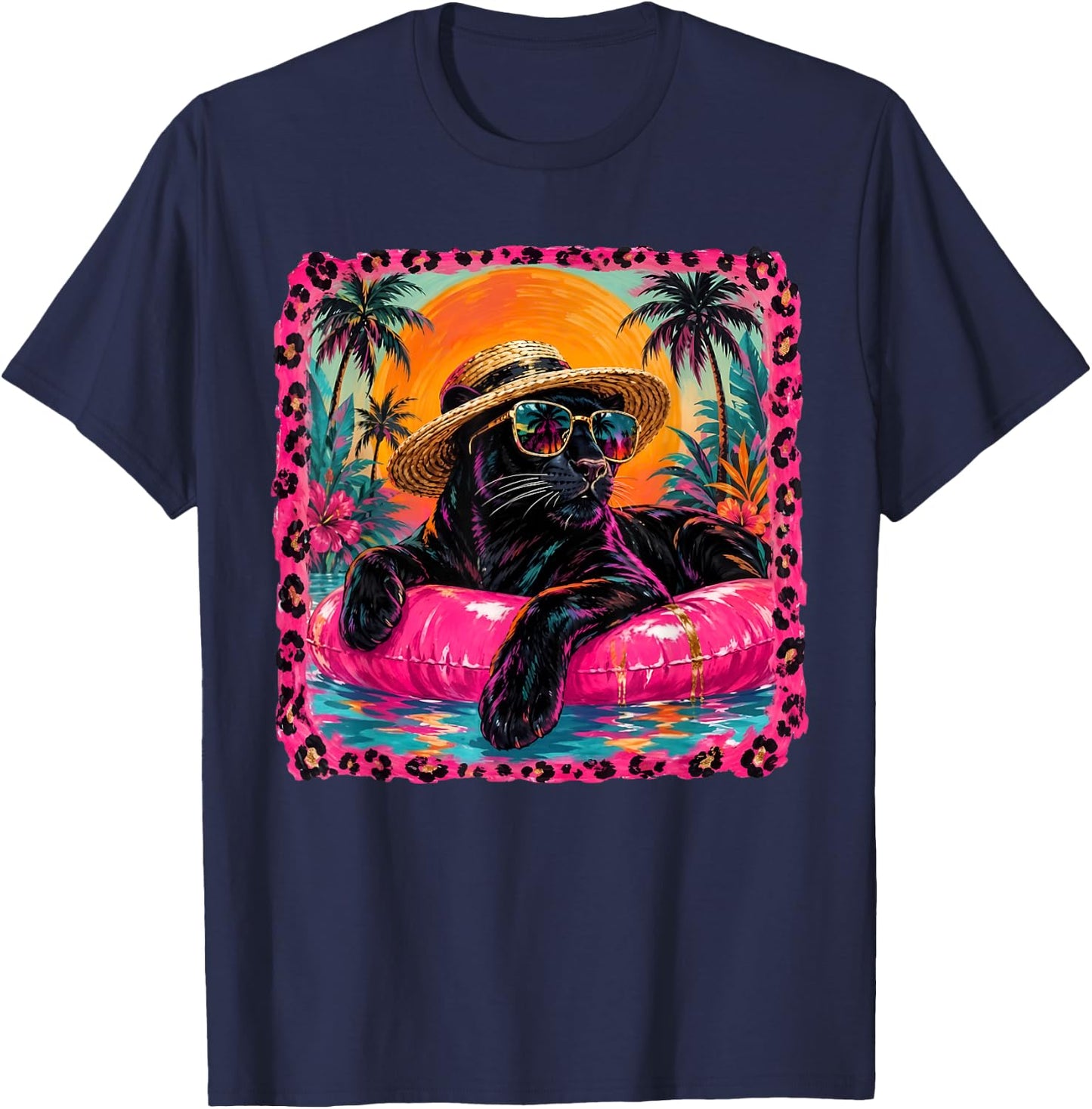Leopard Summer Panther with Glasses Summer Vacation T-Shirt - T-Shirt | Navy