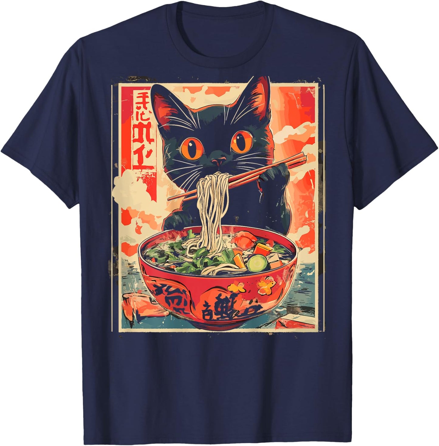 Cat Ramen Noodle Japanese Backprint , black T-Shirt - T-Shirt | Navy