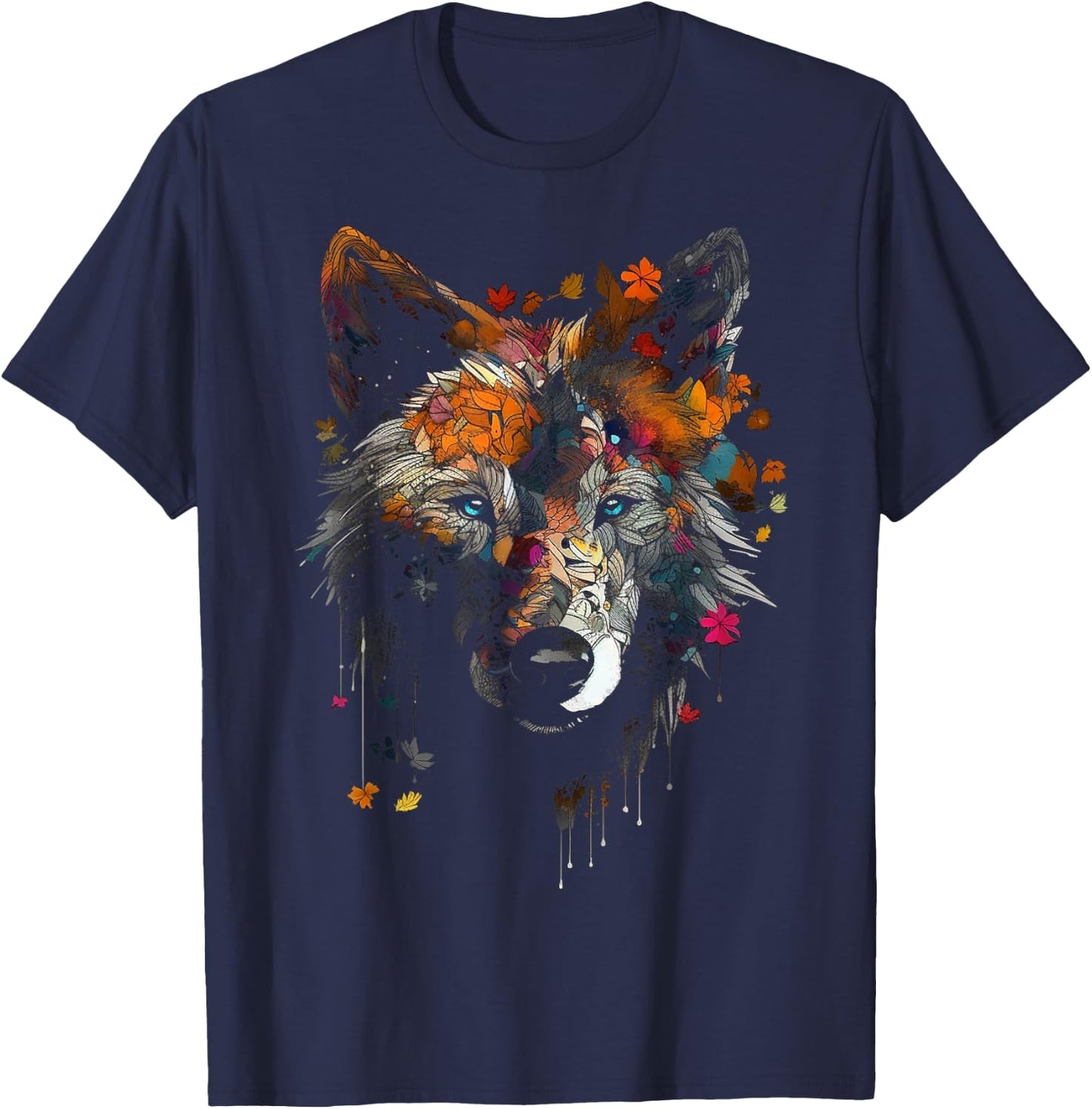 Wolf Herbst Blätter - Blaue Augen - Tier Kunst Motiv Wolf T-Shirt - T-Shirt | Navy