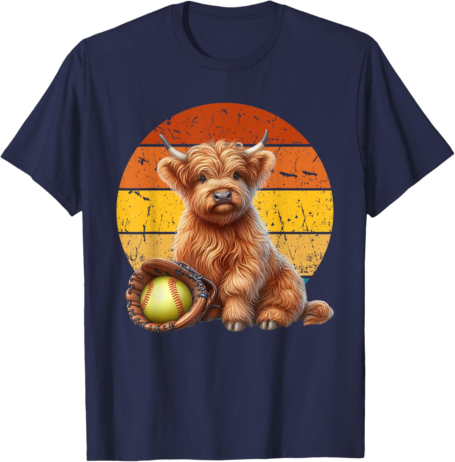 Cute Highland Cow Softball , Retro Sunset Softball T-Shirt - T-Shirt | Navy