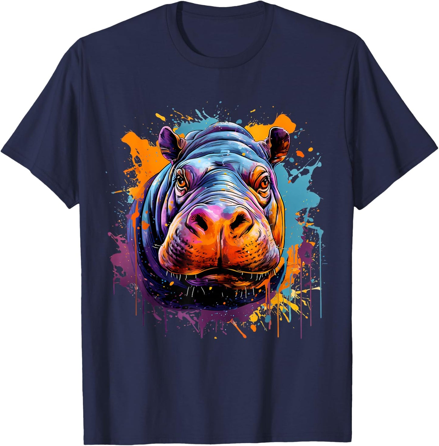 Hippo Hippopotamus Nature Portrait Colourful Splash Artwork T-Shirt - T-Shirt | Navy