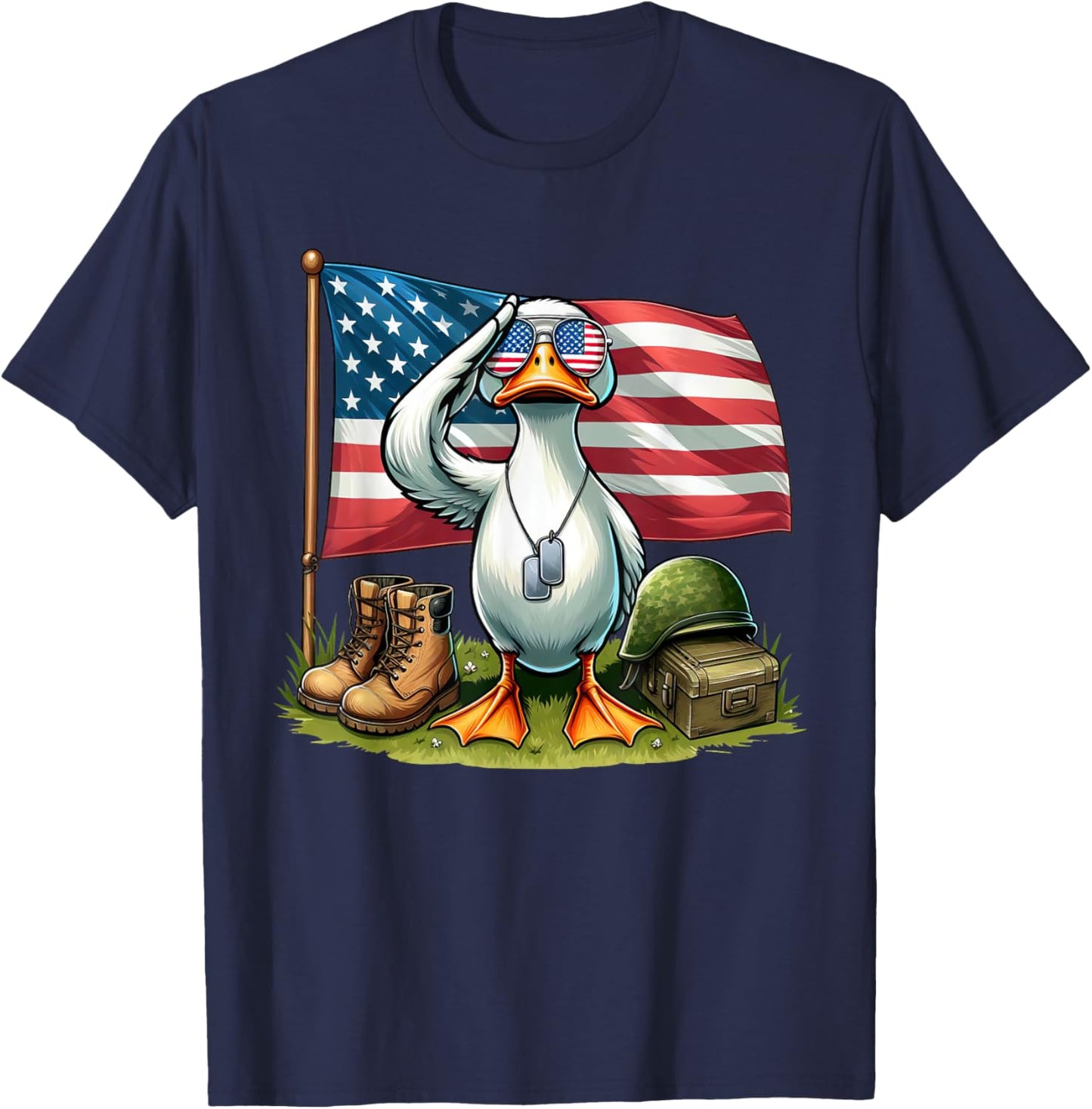 Salute Duck American USA Flag Memorial Day 4th of July Women Kids Men T-Shirt - T-Shirt | Navy