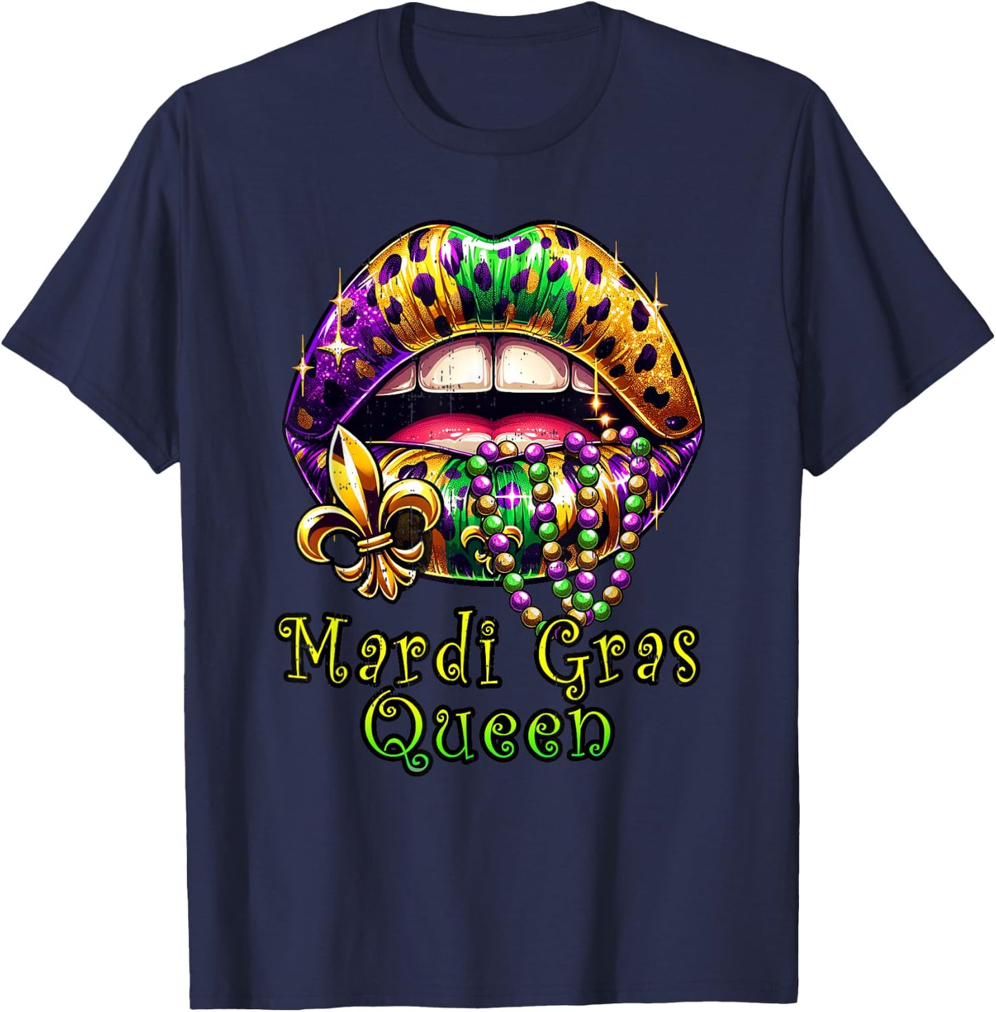 Mardi Gras Queen Lips Outfit Women Cheetah Leopard Print T-Shirt - T-Shirt | Navy