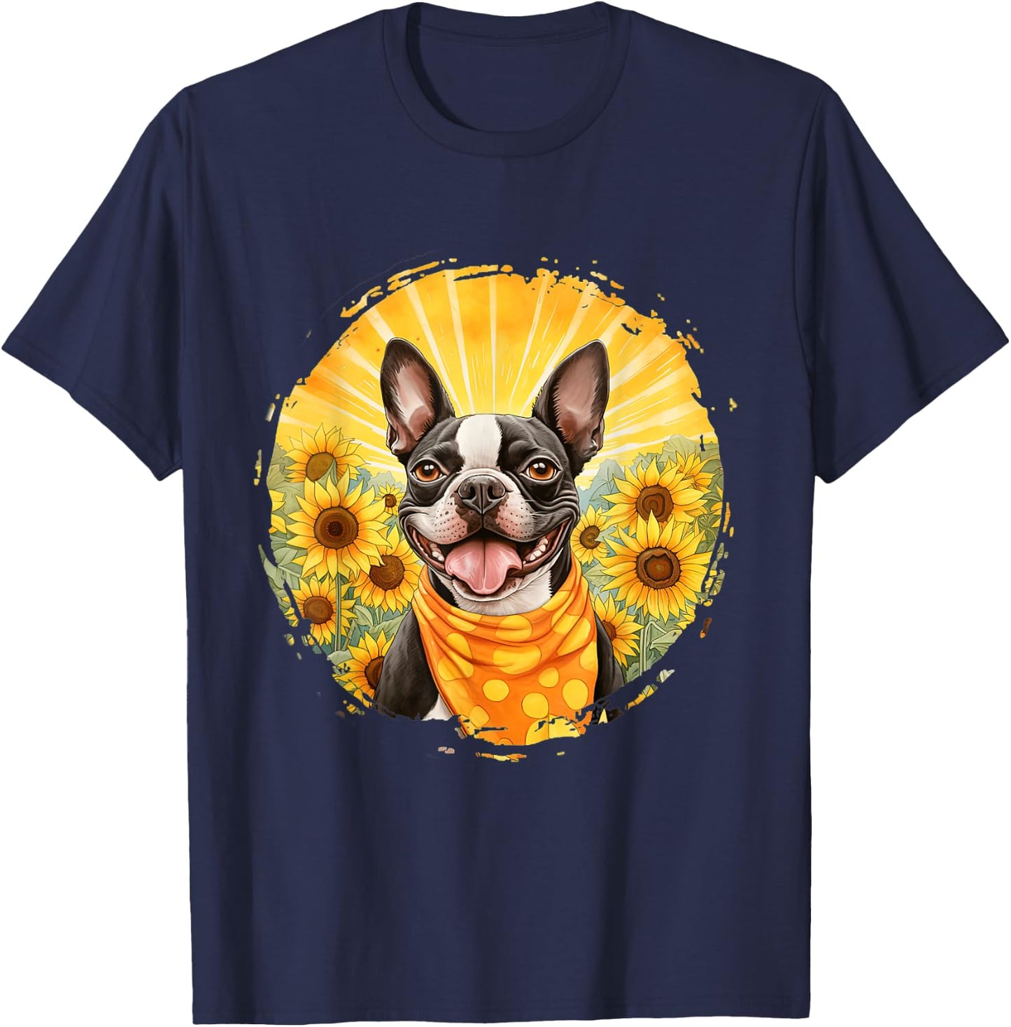 Boston Terrier Dog Vintage Bandana Headband Sunflower Field Men Women T-Shirt - T-Shirt | Navy