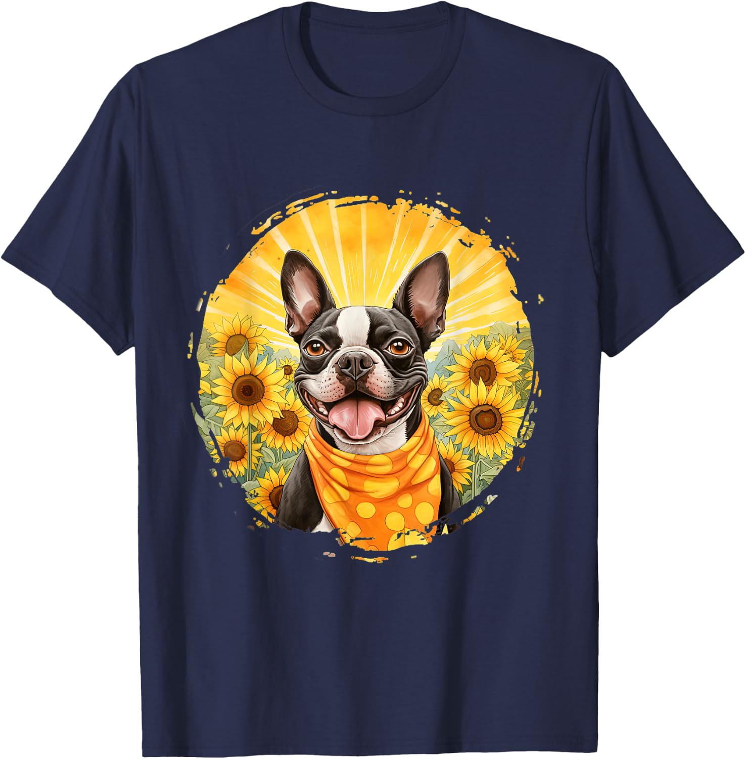 Boston Terrier Dog Vintage Bandana Headband Sunflower Field Men Women T-Shirt - T-Shirt | Navy