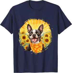 Boston Terrier Dog Vintage Bandana Headband Sunflower Field Men Women T-Shirt - T-Shirt | Navy