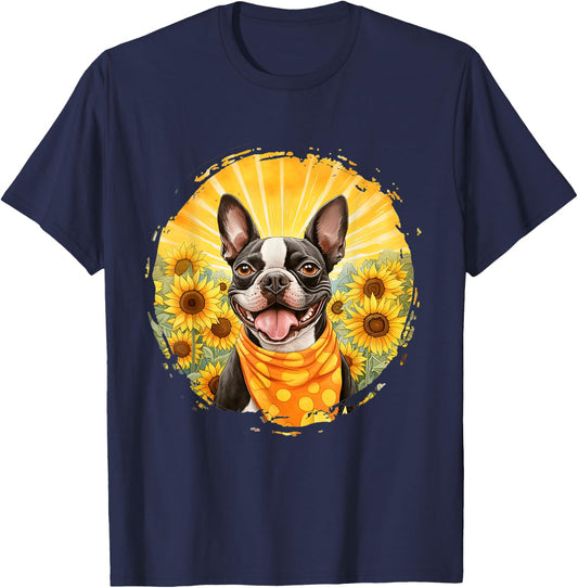 Boston Terrier Dog Vintage Bandana Headband Sunflower Field Men Women T-Shirt - T-Shirt | Navy