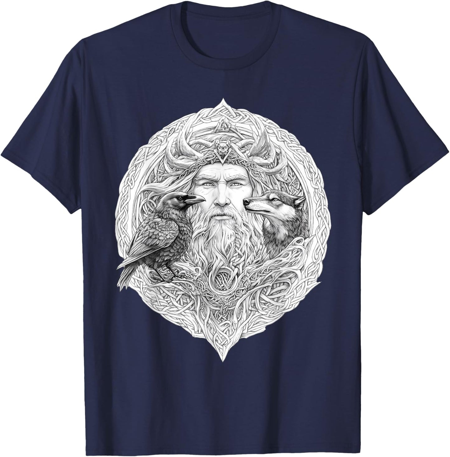 Odin Celtic Viking with Wolf and Odins Raven Valhalla Pagan T-Shirt - T-Shirt | Navy