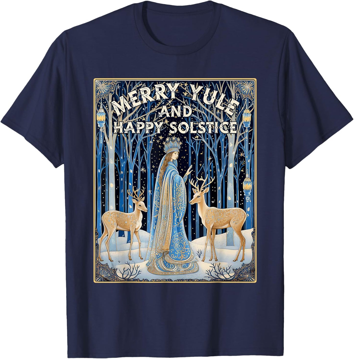 Merry Yule And Happy Winter Solstice Deer Christmas Gothic T-Shirt - T-Shirt | Navy