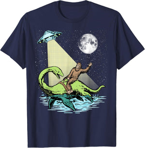 Bigfoot Riding Nessie & UFO Aliens At Night Funny Retro T-Shirt - T-Shirt | Navy