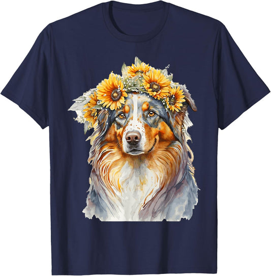 Watercolor Aussie Australian Shepherd Sunflower Dog Pet T-Shirt - T-Shirt | Navy
