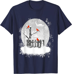 Red Cardinal Birds Winter Scene T-Shirt - T-Shirt | Navy