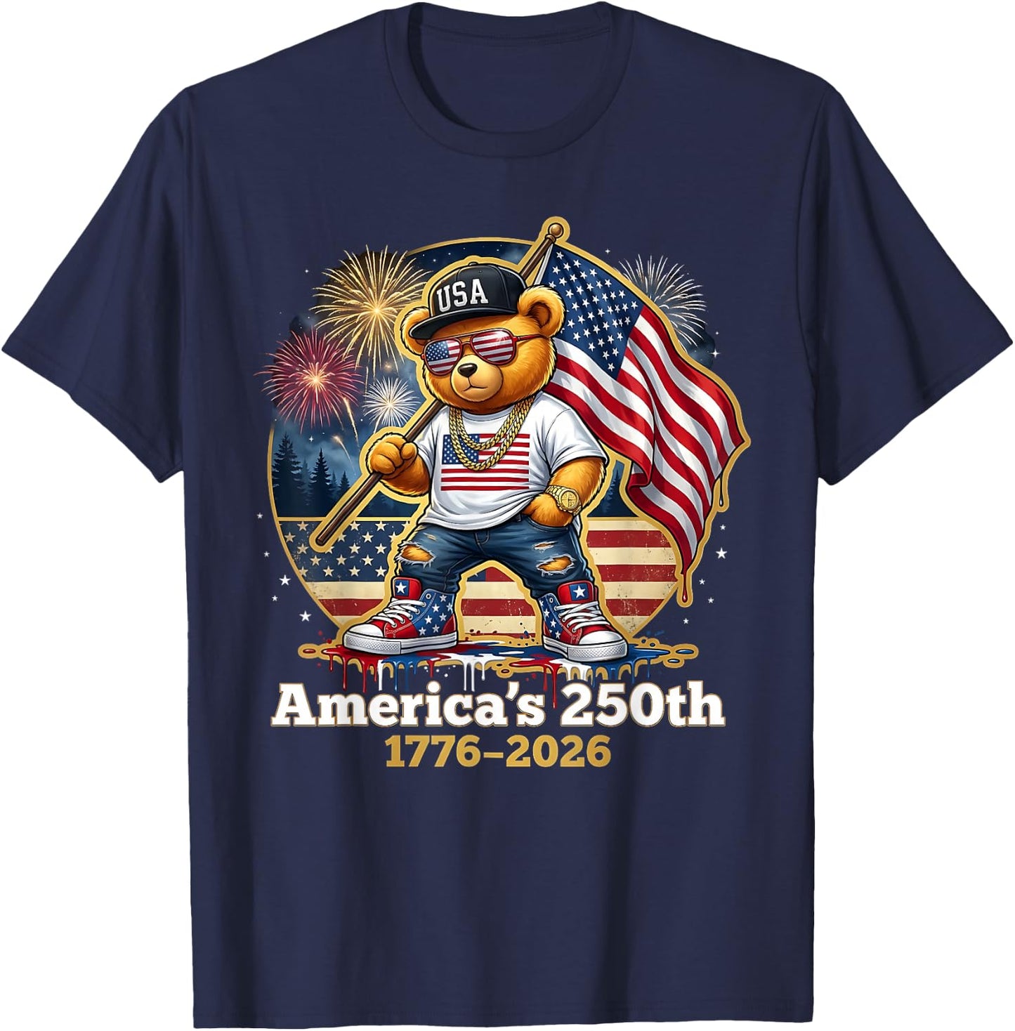 Patriotic Teddy Bear America's 250th Anniversary 1776 2026 T-Shirt - T-Shirt | Navy