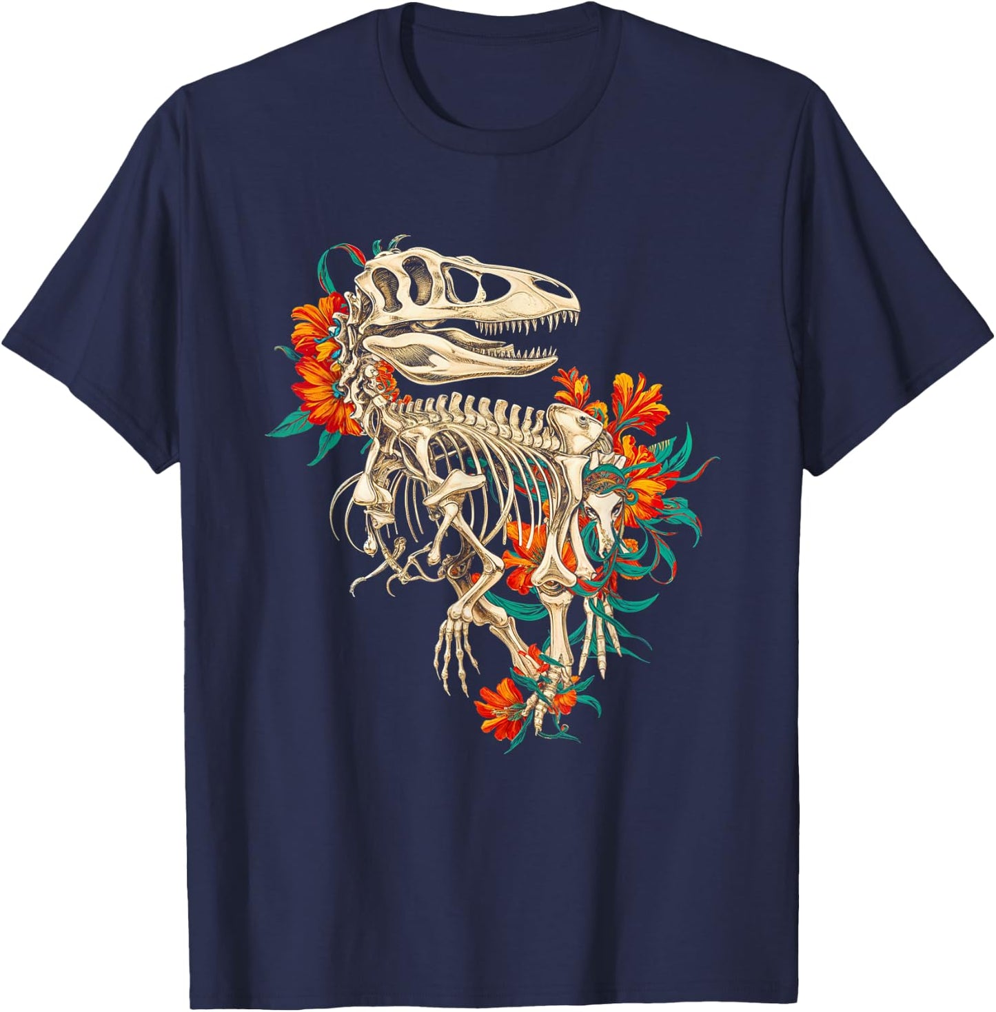 Rex Skeleton Dinosaur Floral Bones Paleontology Art T-Shirt - T-Shirt | Navy