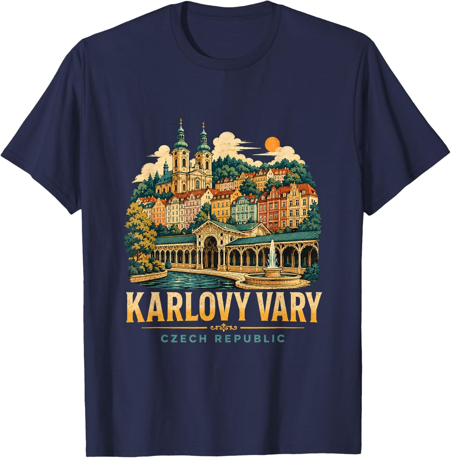 Vintage Karlovy Vary Czech Republic Travel Landmark Gift T-Shirt - T-Shirt | Navy