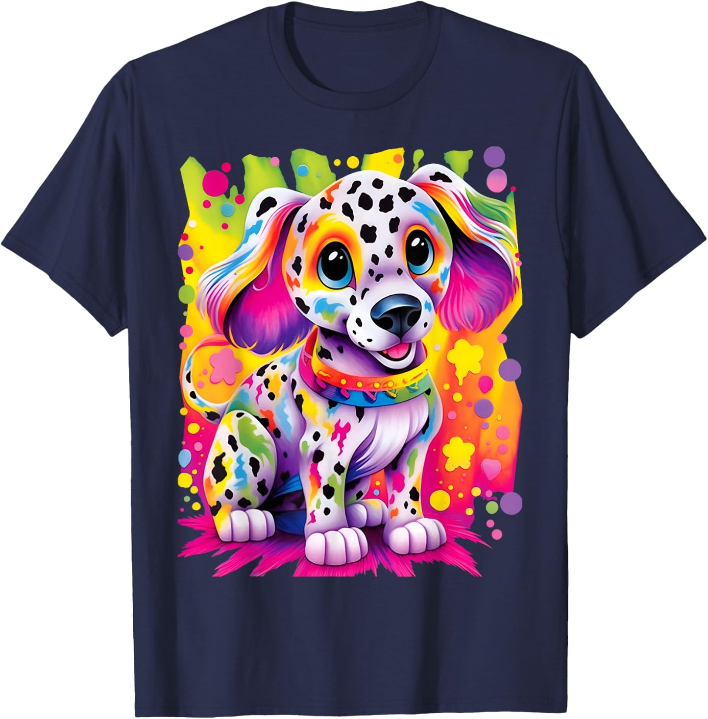 Little Dalmatian Puppy Colorful Rainbow Vibrant Graphic T-Shirt - T-Shirt | Navy