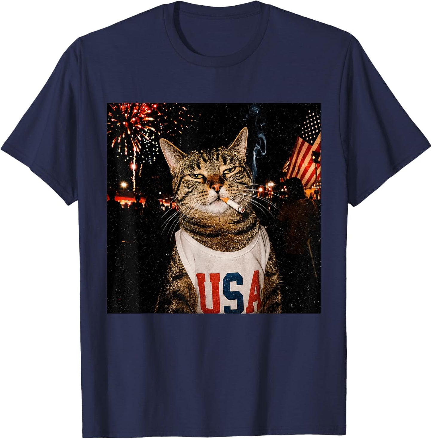 Patriotic Smoking Cat USA 4th of July Funny Cat Lover T-Shirt - T-Shirt | Navy