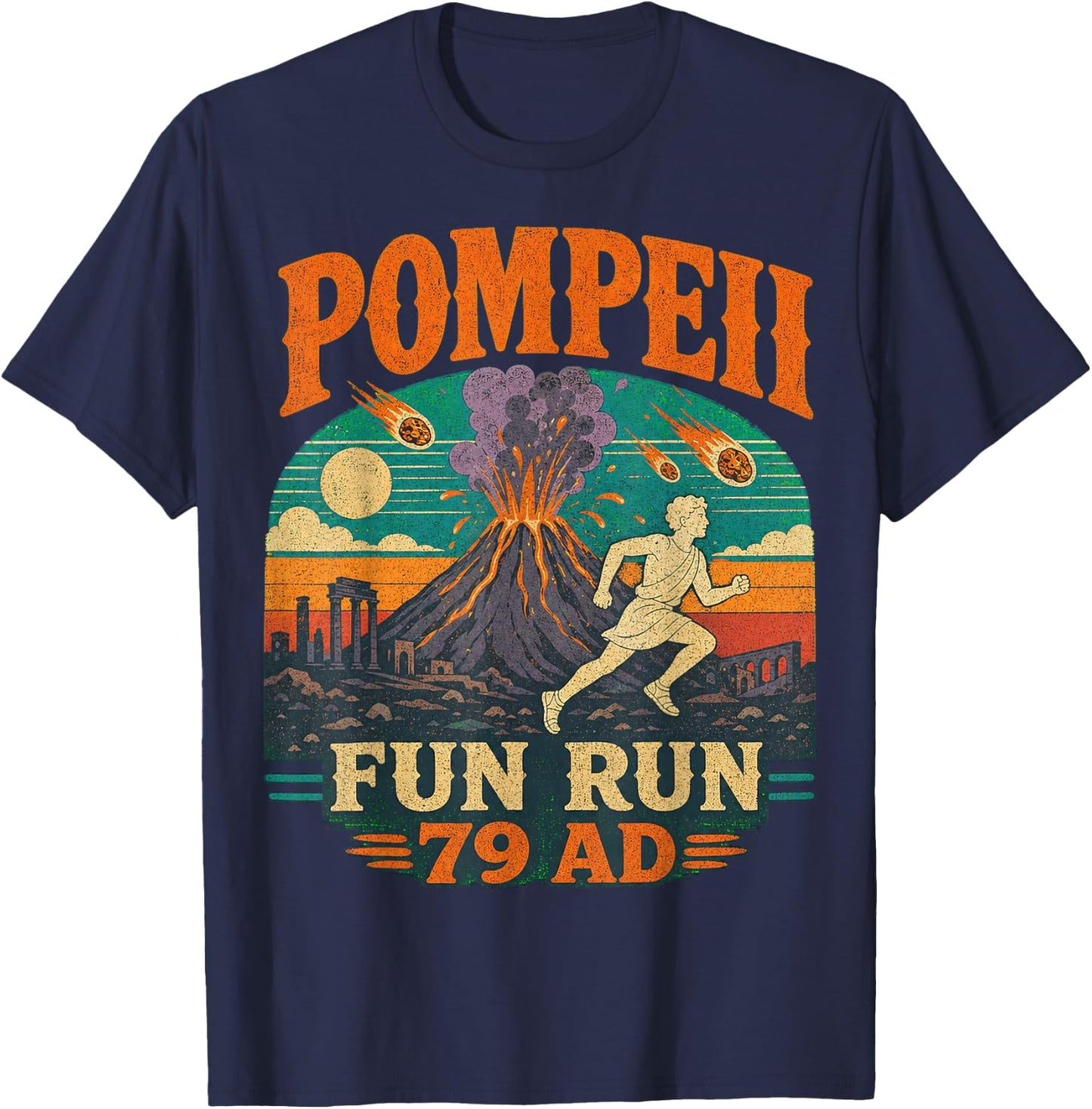 Pompeii Fun Run Vintage Volcano Illustration T-Shirt - T-Shirt | Navy