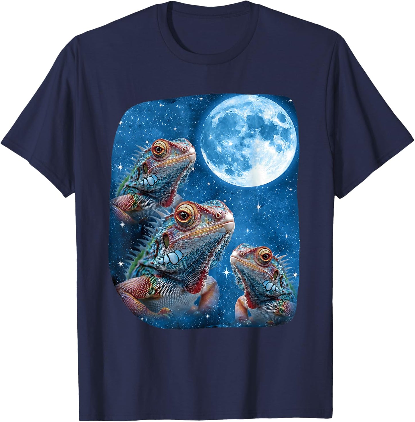 Iguana Lizard Howling At The Space Moon Night Starry Sky T-Shirt - T-Shirt | Navy