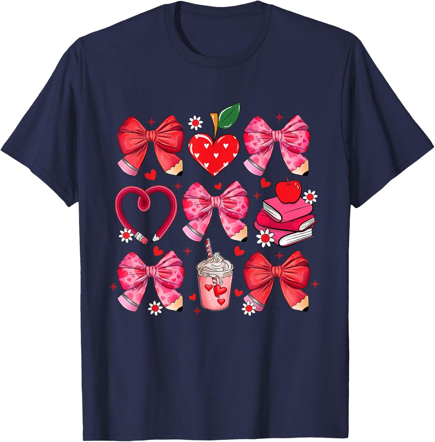 Bow Pencil Heart Apple Teacher Student Cute Back to School T-Shirt - T-Shirt | Navy
