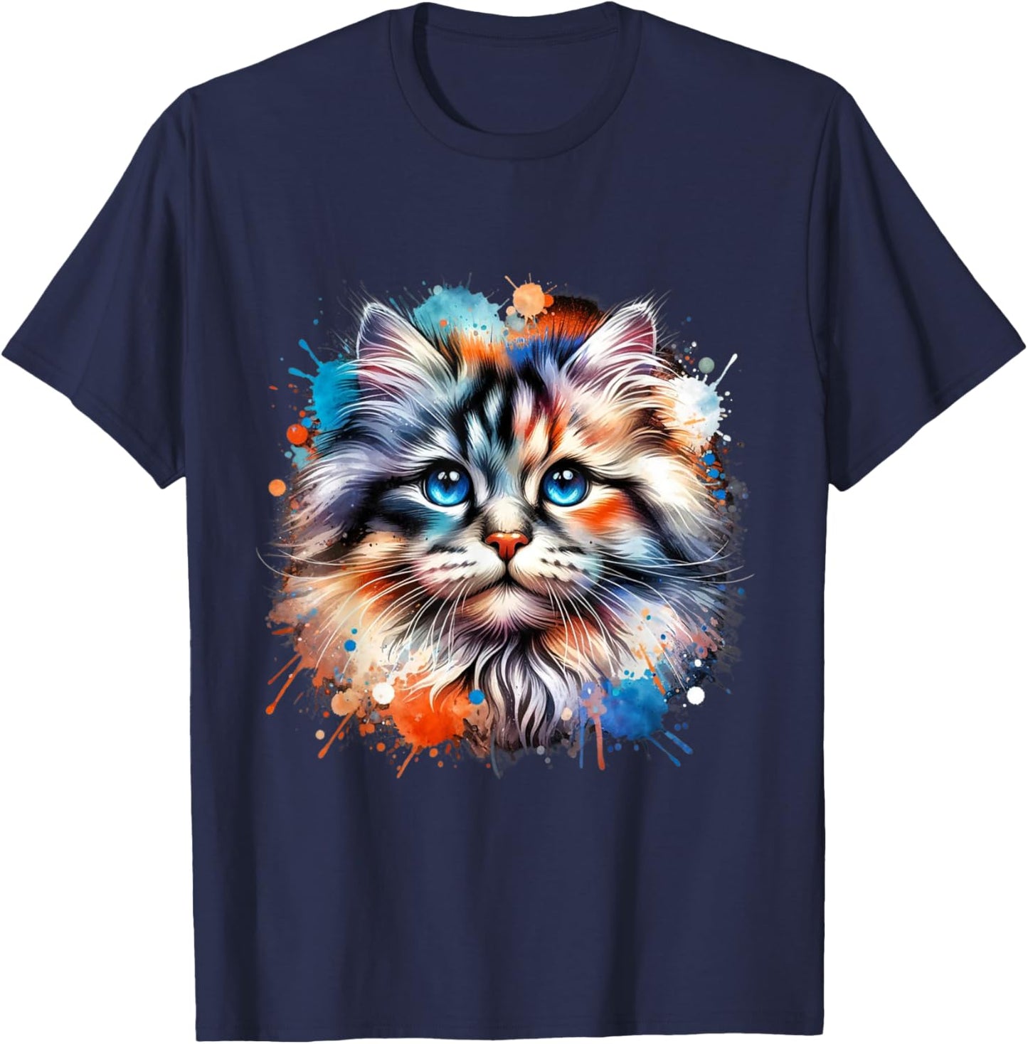 Watercolor Cat Art | Colorful Cat Design Cat Portrait T-Shirt - T-Shirt | Navy