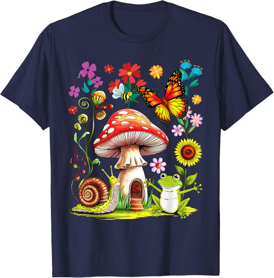 Cute Cottagecore Aesthetic Frog Mushroom Kid Teen Girl Women T-Shirt - T-Shirt | Navy