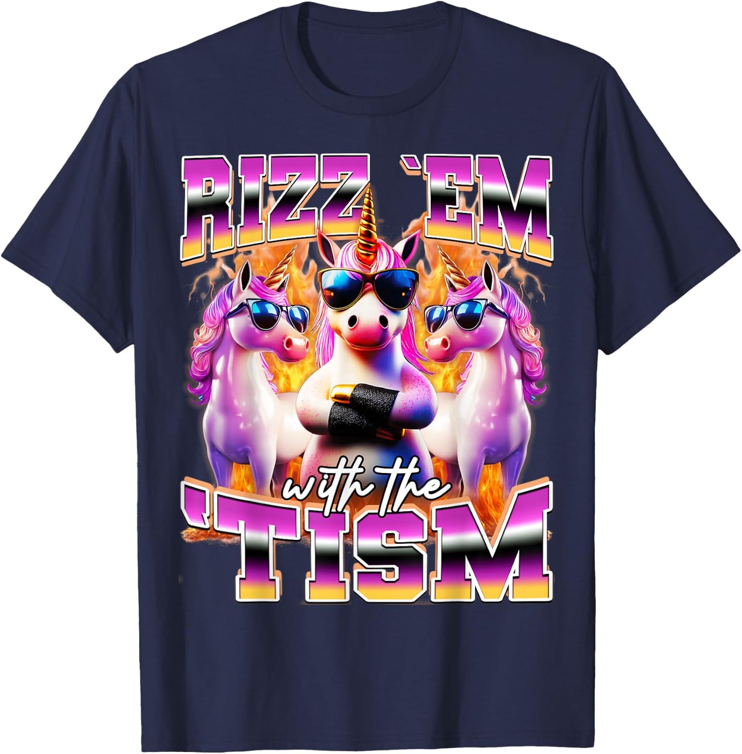 Rizz em With The Tism Funny Unicorn Sunglasses Meme Bootleg T-Shirt - T-Shirt | Navy
